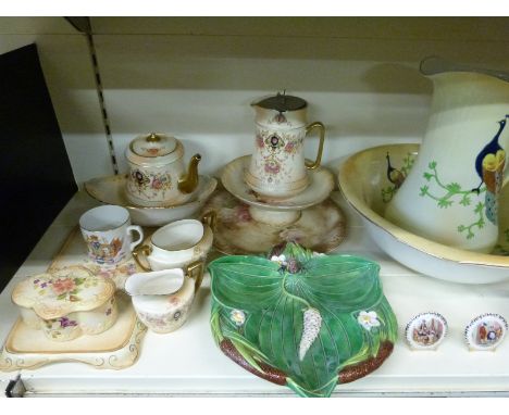 A collection of 19thC ceramics and glass to include a George Jones majolica fruit dish of trefoil form Carlton Ware and Crown