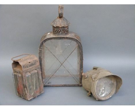 Miller acetylene motorcycle head light, carriage or similar lamp and a pierced and glazed lamp, H44cm 