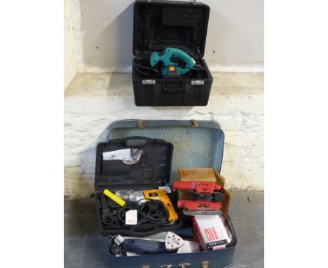 A quantity of power tools including circular saw, JCB drill, Kinzo polisher, Ferm sander etc