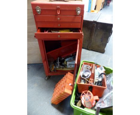 A garage tool chest on cabinet with contents including pullers, spanner, pliers and a further box of tools
