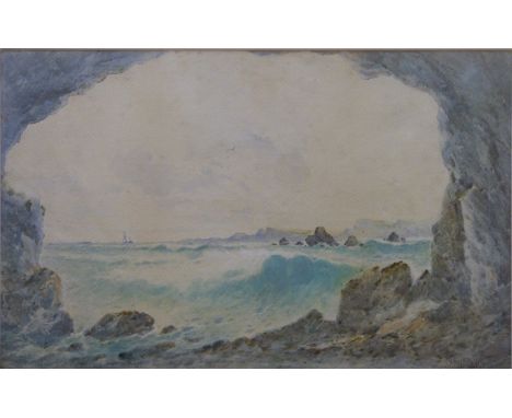 Norton Willis watercolour shipping in a coastal seascape viewed from a cave, signed lower right, 28 x 45cm