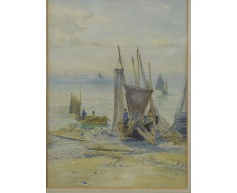 Fritz B Althams watercolour beached boats with seascape beyond, signed and dated '91 lower right, 34 x 25cm