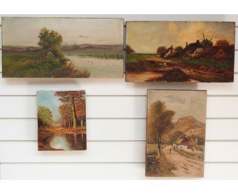 N Ashworth oil on canvas man moving sheep with thatched cottages beyond, signed lower right, 26 x 46cm; similar sized oil on 