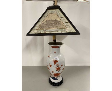 Modern ceramic based table lamp, the shade decorated with scenes of Aylsham