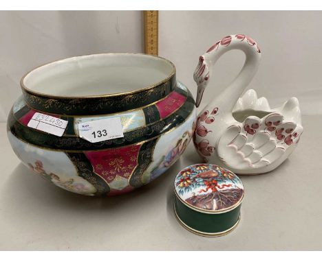 Continental gilt decorated jardiniere, a model swan and a small Wedgwood trinket box