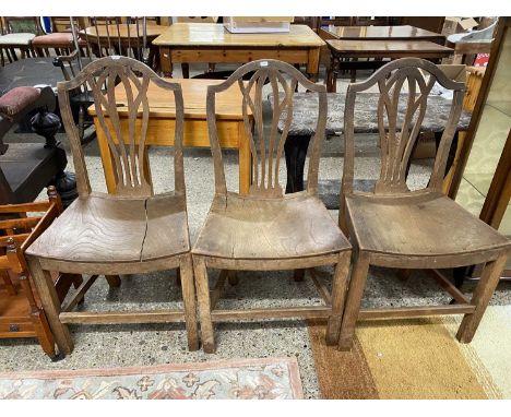 Set of three 19th Century Elm country Chippendale hard seated dining chairs