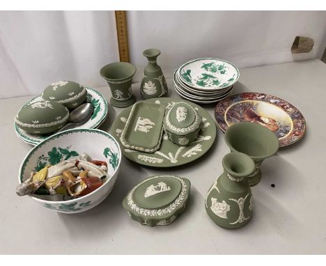 Mixed Lot: Various Wedgwood Jasper ware trinket boxes, vases, plate etc, assorted tea wares etc