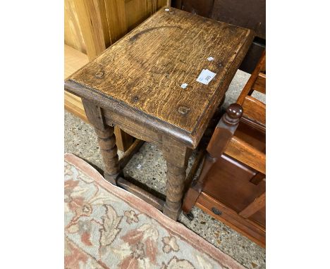Reproduction oak joint stool on bobbin turned frame, 39cm wide
