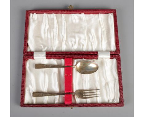 A boxed Harrison Fisher &amp; Co. silver cutlery set dated for Sheffield 1966. Total weight 41.1g.  Missing knife.