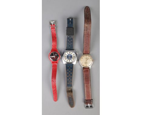 Three vintage gents wristwatches to include Buler alarm, Ingersoll 7 jewels and Ruhla.