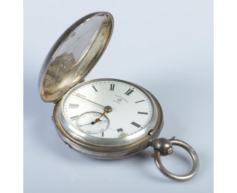 A cased silver full hunter pocket watch, with engine turned engraving to the case. The white dial stamped for Rotherhams, Lon