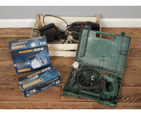 A selection of power tools including Bosch hammer drill, electric planer, Workzone spot blaster kit, sander, Workzone solderi