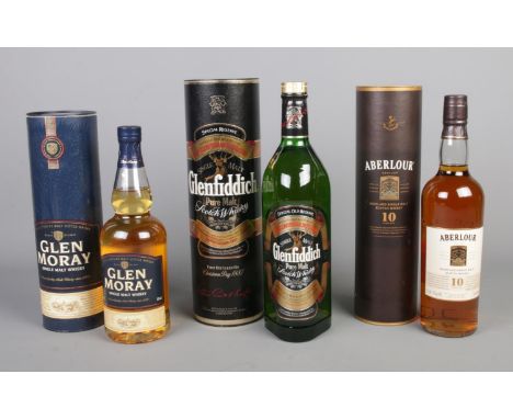 Three whisky in tube: Aberlour 10 Year Highland Single Malt Scotch Whisky (70cl 40%), Glenfiddich Pure Malt Scotch Whisky (1L