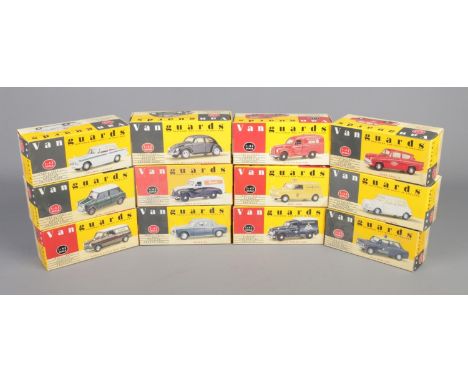 Twelve boxed Lledo Vanguards 1:43 scale diecast vehicles to include Black Beetle (VA12001), Grey Triumph Herald (VA5005), Hei
