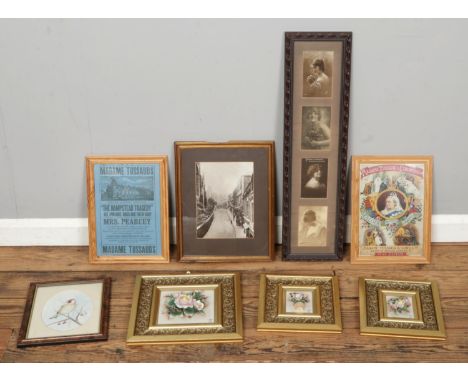 A collection of framed vintage hand drawings, pictures and wall plaques, including three gilt-framed Italian Capodimonte Arte
