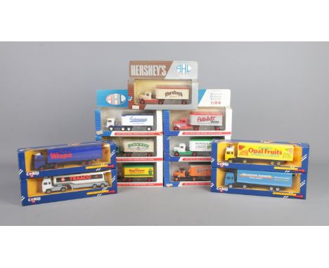 A box containing eleven scale model lorries, to include American Highway Legends Wrigley's, Corgi C1231 Volvo Container in Op