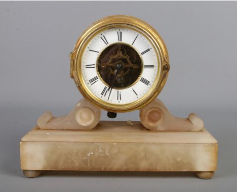 An antique French white alabaster drum head, 8 day mantle clock by Farcot, Paris, with visible escapement. Comes with origina