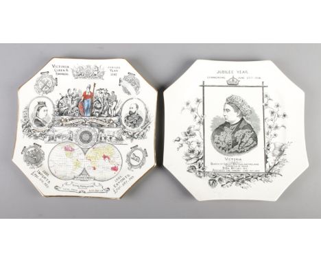 Two Nestle and Huntsman Queen Victoria 1886-1887 Jubilee octagonal commemorative plates. One bearing colour  illustrations of