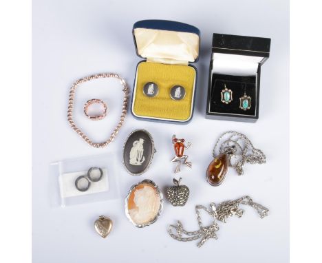 A good collection of silver jewellery to include necklaces, floral ring, Wedgwood earrings, brooches including cameo example,