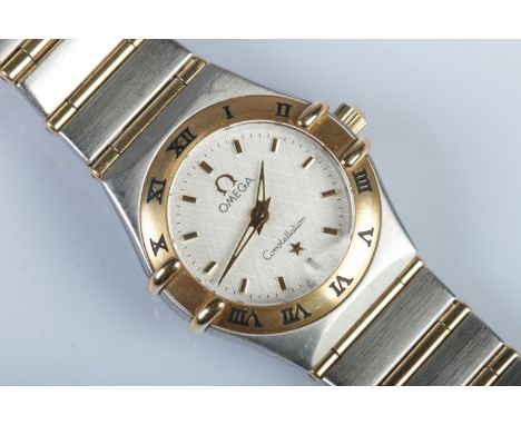 A ladies Omega Constellation wristwatch, on stainless steel bracelet strap. Featuring baton markers to the white dial and Rom