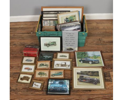 A large collection of mostly framed prints and photographs all depicting vintage cars to include display formed from clock pa