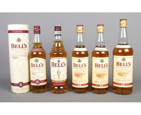 A collection of five Bell's whisky, including Bell's 8Y Extra Special Old Scotch Whisky with tube no lid (70cl 46%), Bells Bl
