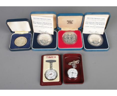 A collection of vintage coins, medal and watches, including two 1981 silver proof Royal Wedding coins, 1977 silver proof Silv