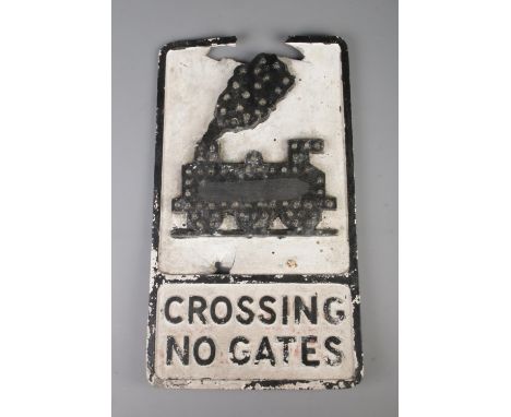 A vintage railway warning sign 'Crossing No Gates', bearing reflective studs to the body. Height: 54cm, Width: 31cm.