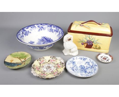 A small selection of ceramics including Dresden Ware Opaque plate, Staffordshire mantel dog, large blue and white Minton bowl