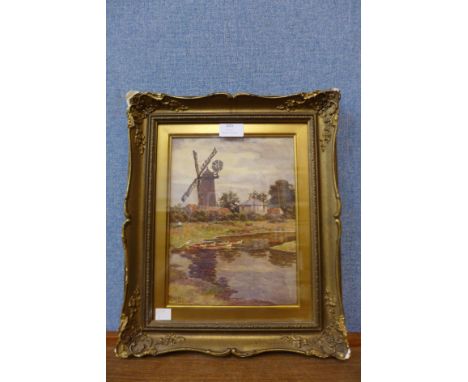 G.W. Hopper, river landscape with a windmill, watercolour, dated 1918, framed 