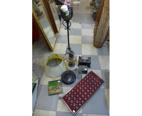 A Victorian black lacquered papier mache box, a beadwork stand, oil lamp, etc. 