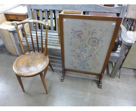 An oak fire screen and a beech bentwood chair 