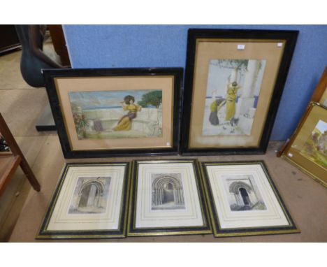 A pair Henry Ryland Pre-Raphaelite style prints and three architectural prints 