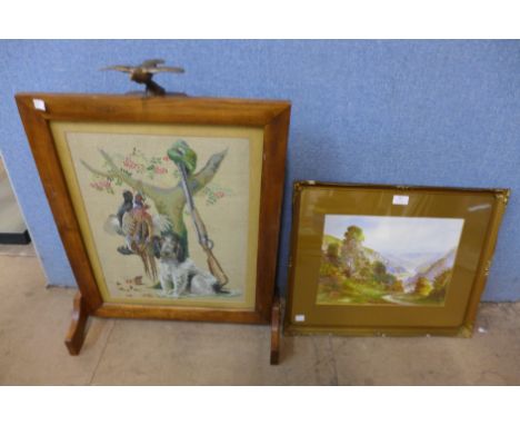 A hunting themed embroidered fire screen and an English School watercolour 