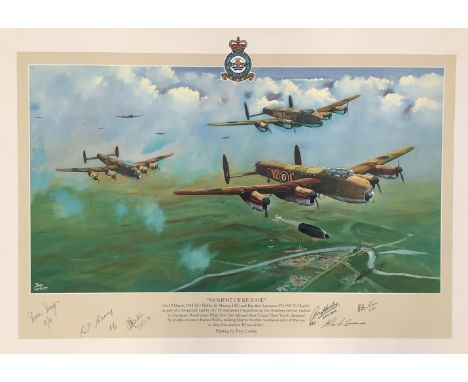 Tony Corbett Multi Signed Colour 21x14.5 inch Print Titled Moment Of Release. Hand signed pen by 6 Australian Bomber Pilots w