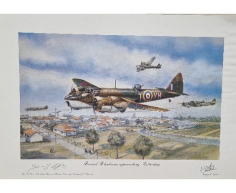WW2 Colour Print Titled Bristol Blenheims Approaching Rotterdam by Kenneth C Aitken. Signed by Kenneth Aitken The Artist and 