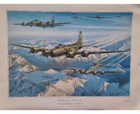 WW2 Colour Print Titled WOLF PACK 2nd Lt. Robert H. Wolff Boeing B17 E by Benjamin Freudenthal. Signed by the Artist. Limited