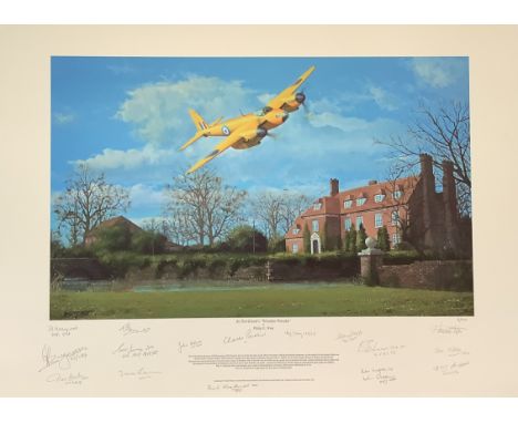 WW2 16 Signed de Havillands Wooden Wonder Colour Print by Philip E West. Signed in Pencil by Dick Maywood, Geo Dunn, Des Curt