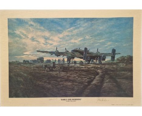 WW2 Colour Nostalgic Print Titled Early One Morning Handley Page Halifax by John Rayson. Signed by John Rayson Artist and Win