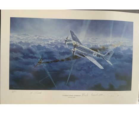 WW2 Colour Print Titled Combat Over Domremy by Graeme Lothian. 66/500 Signed in pencil by the Artist, Heinz Rokker, Thomas Ha
