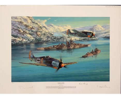 WWII 26x20 inch approx. multi signed colour print titled Eismeer Patrol limited edition 27/400 signed in pencil by the artist