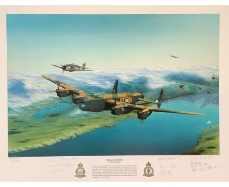 WW2 print titled Bergen Incident 17x22 inch signed in pencil by the artist Keith Aspinall, Bomber command veterans including 