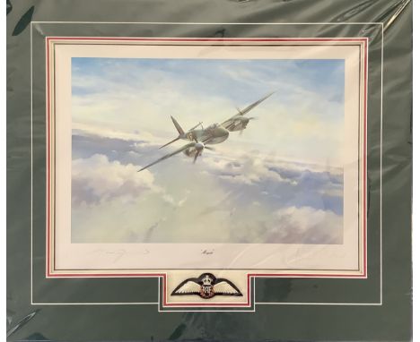 WWII 27x23 inch overall mounted colour print titled Mosquito signed in pencil by the artist Robert Taylor and Leonard Cheshir