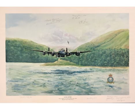 Dambusters WWII 27x19 approx. multi signed colour print titled Lancaster signed in pencil by 10 includes Sid Stacey, Duke Mun