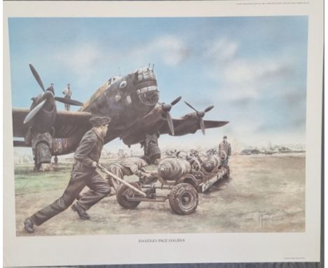 WW2 Colour Print Titled Handley Page Halifax by Tony Forrest. Measures 21x17 inches appx. Good condition. All autographs are 