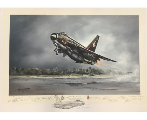 Lightning 28x20 inch colour print by Michael Rondot signed by the artist, further signed by No. 92 Squadron veterans includin