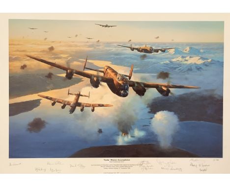 WWII 25x18 inch approx. signed colour prints titled Tirpitz Mission Accomplished limited edition 66/350 signed in pencil by t