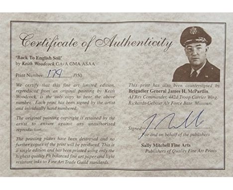 WW2 Colour Print Titled Back to English Soil by Keith Woodcock. Limited 179 of 350. Signed in Pencil by Keith Woodcock The Ar