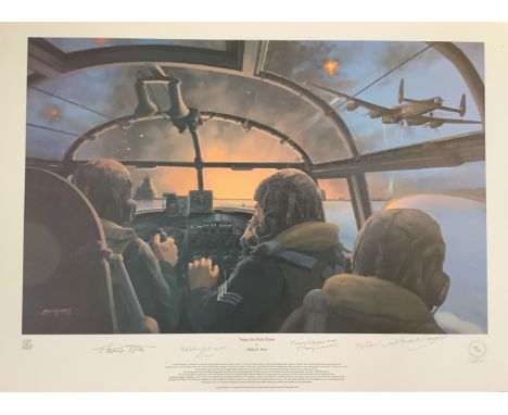 WWII 28x19 inch approx multi signed colour print titled Target the Ruhr Dams limited edition 12/25 signed in pencil by the ar