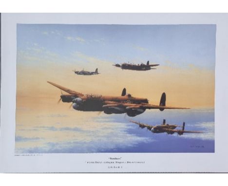 WW2 Colour Print Titled Bombers By Keith Aspinall. Lancaster, Halifax, Stirling and Mosquito of Bomber Command. Measures 16x1
